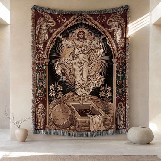 Sacred Resurrection Tapestry with Religious Art Design