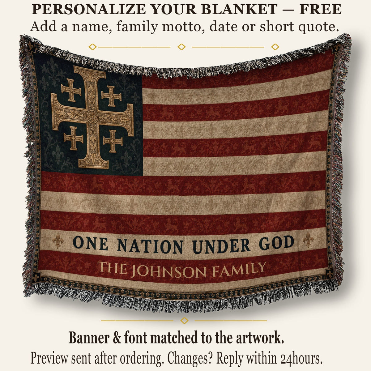 CalmNestStyle One Nation Under God Jerusalem Cross Flag Woven Blanket jacquard woven blanket