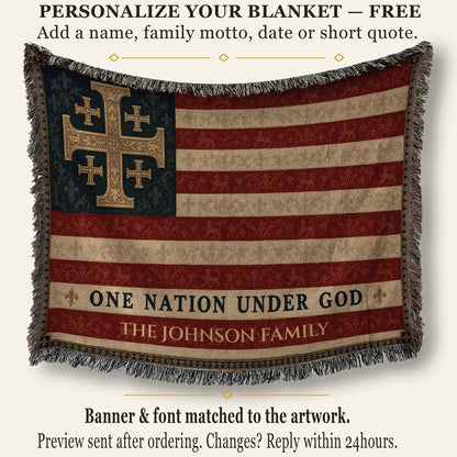 CalmNestStyle One Nation Under God Jerusalem Cross Flag Woven Blanket jacquard woven blanket