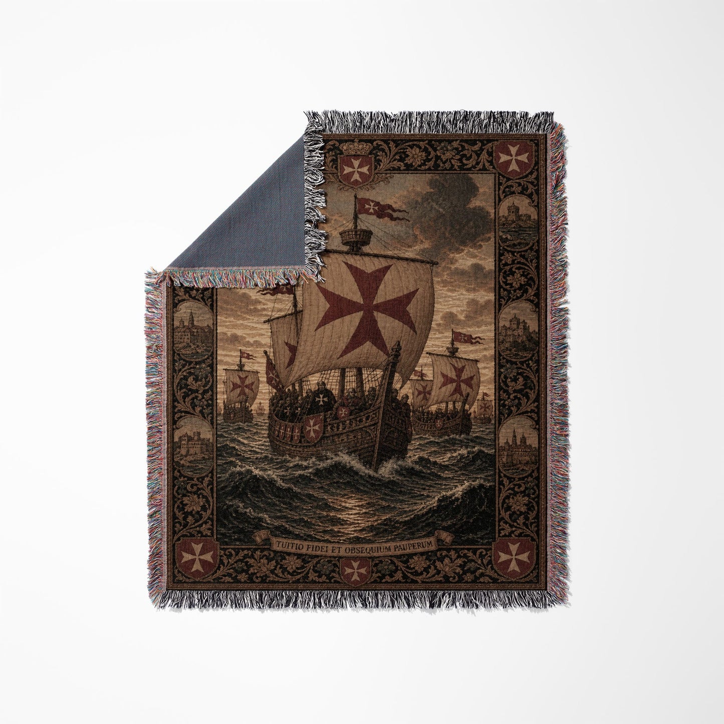 Woven blanket with Templar ships and heraldic border, featuring text.