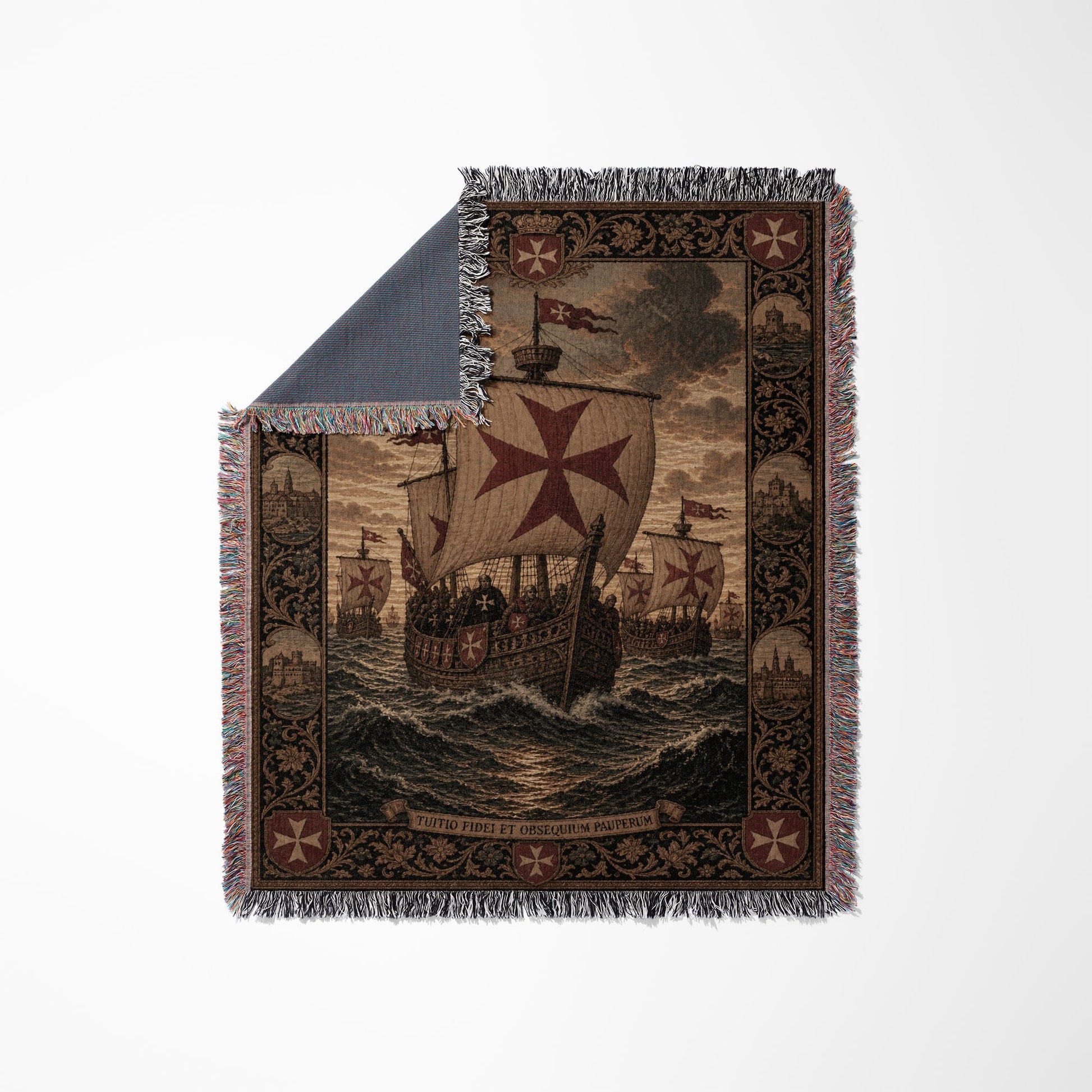 Woven blanket with Templar ships and heraldic border, featuring text.