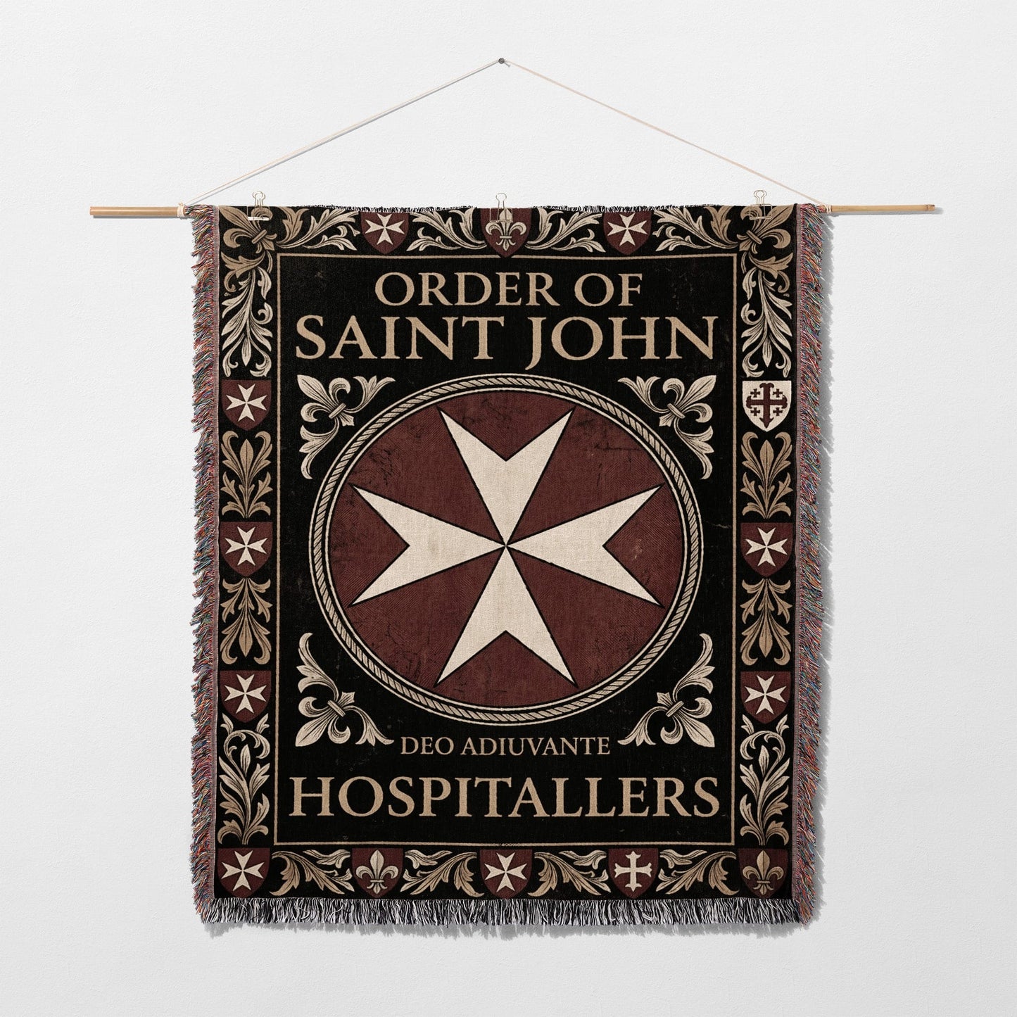 Order of St. John Knights Hospitallers tapestry with Maltese cross emblem.