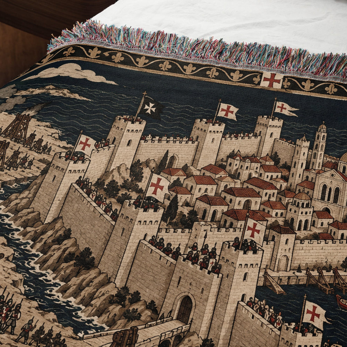 CalmNestStyle Crusader Harbor Siege I Ships at the Chain Tower jacquard woven blanket
