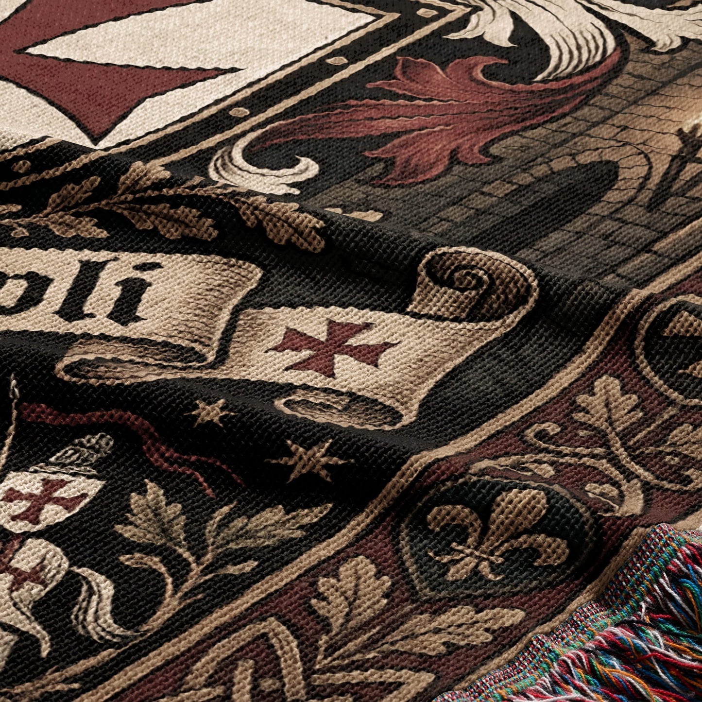 Woven blanket with historical motifs, including crosses, fleur-de-lis, and lettering.