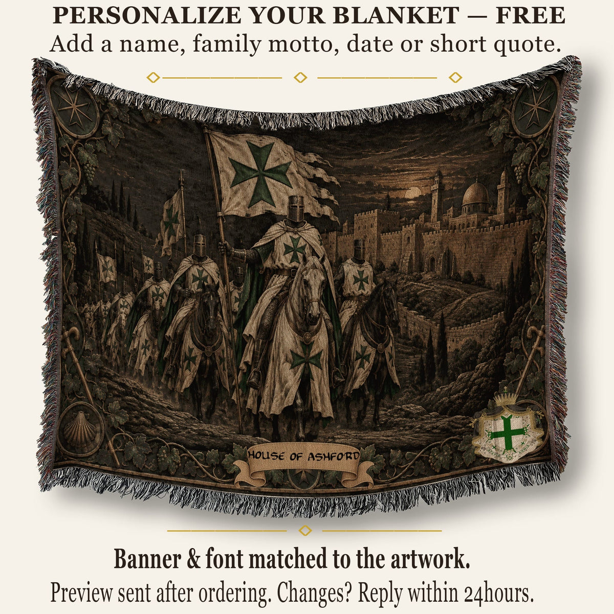 MyDesigns Saint Lazarus Host I Green Maltese Crosses at Dusk jacquard woven blanket