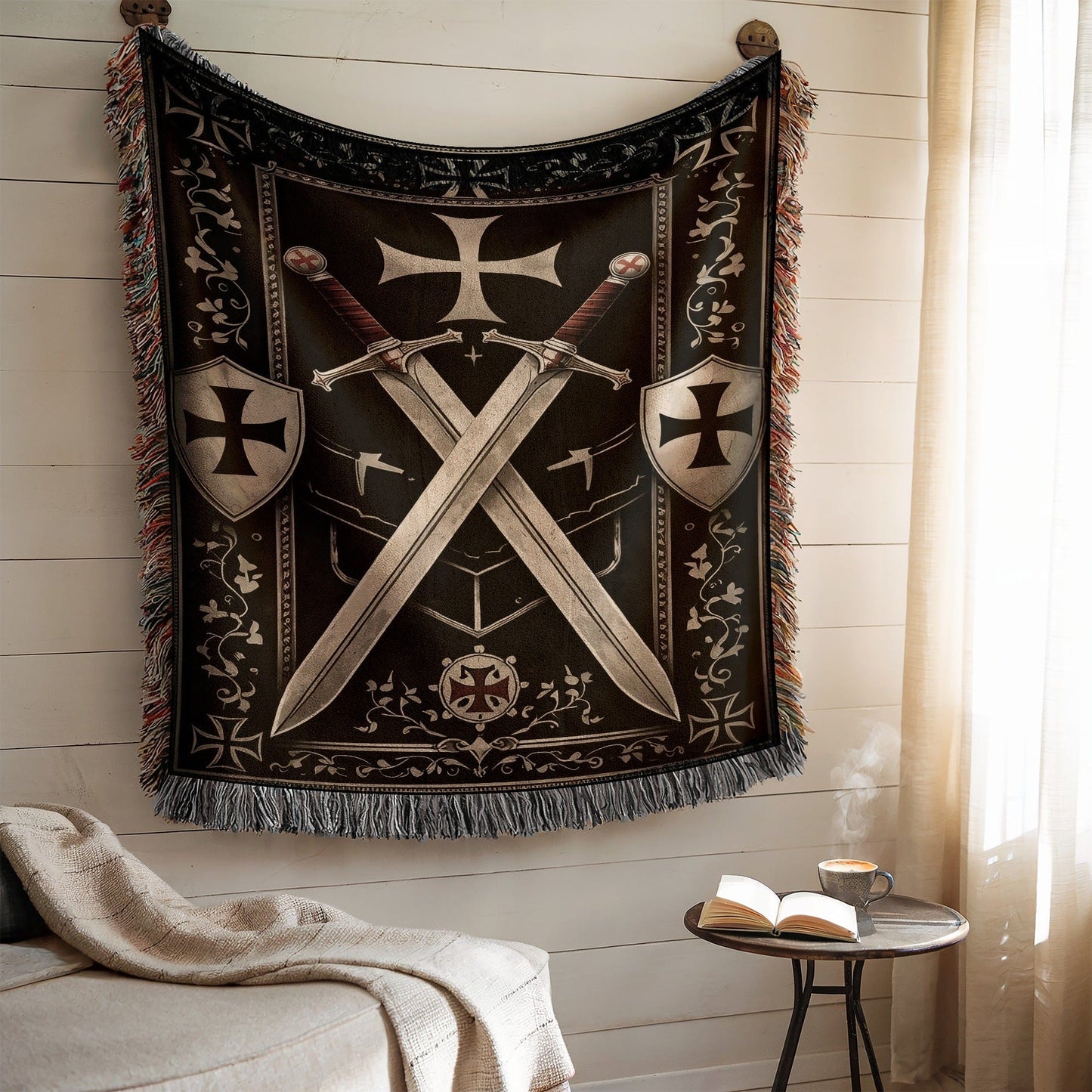 Medieval Knights Decor Tapestry with Cross and Swords Design
