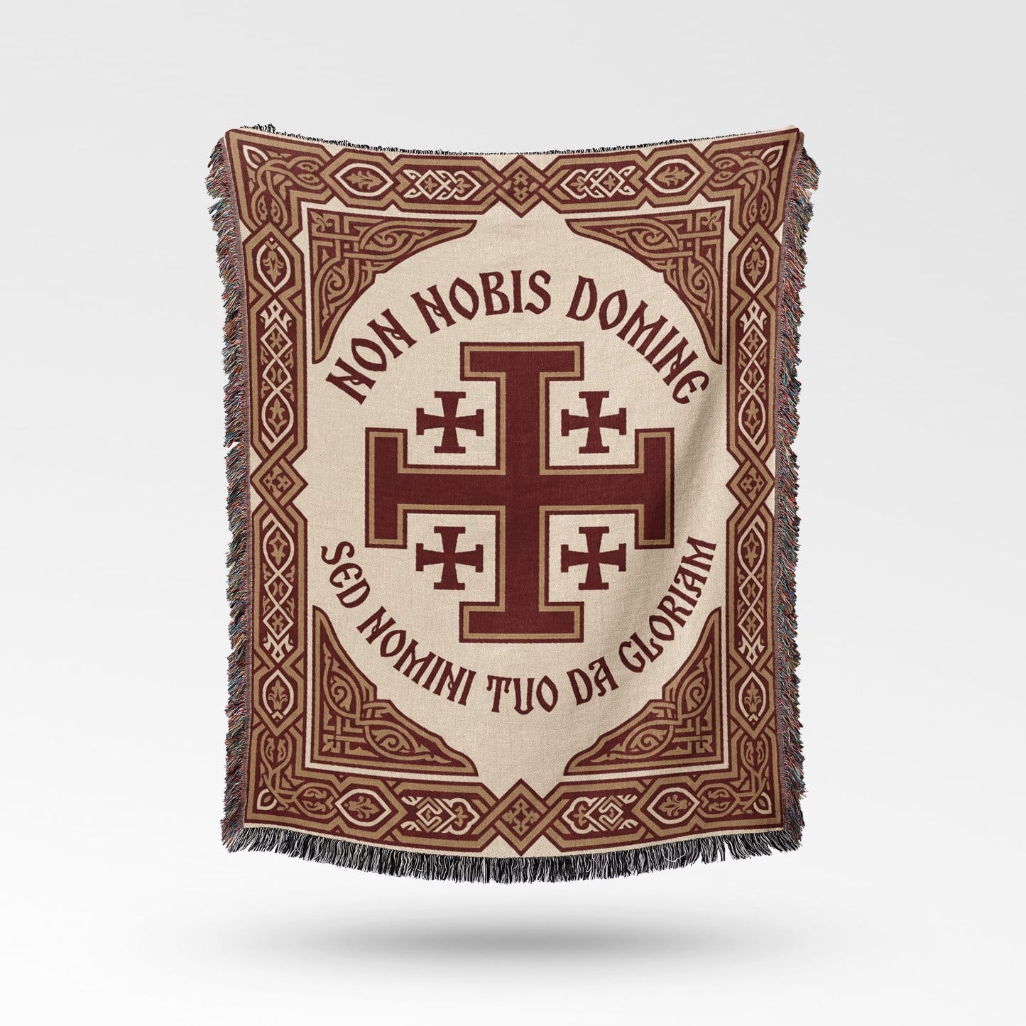 Cream throw blanket with Jerusalem Cross and Latin text "NON NOBIS DOMINE SED NOMINI TUO DA GLORIAM".