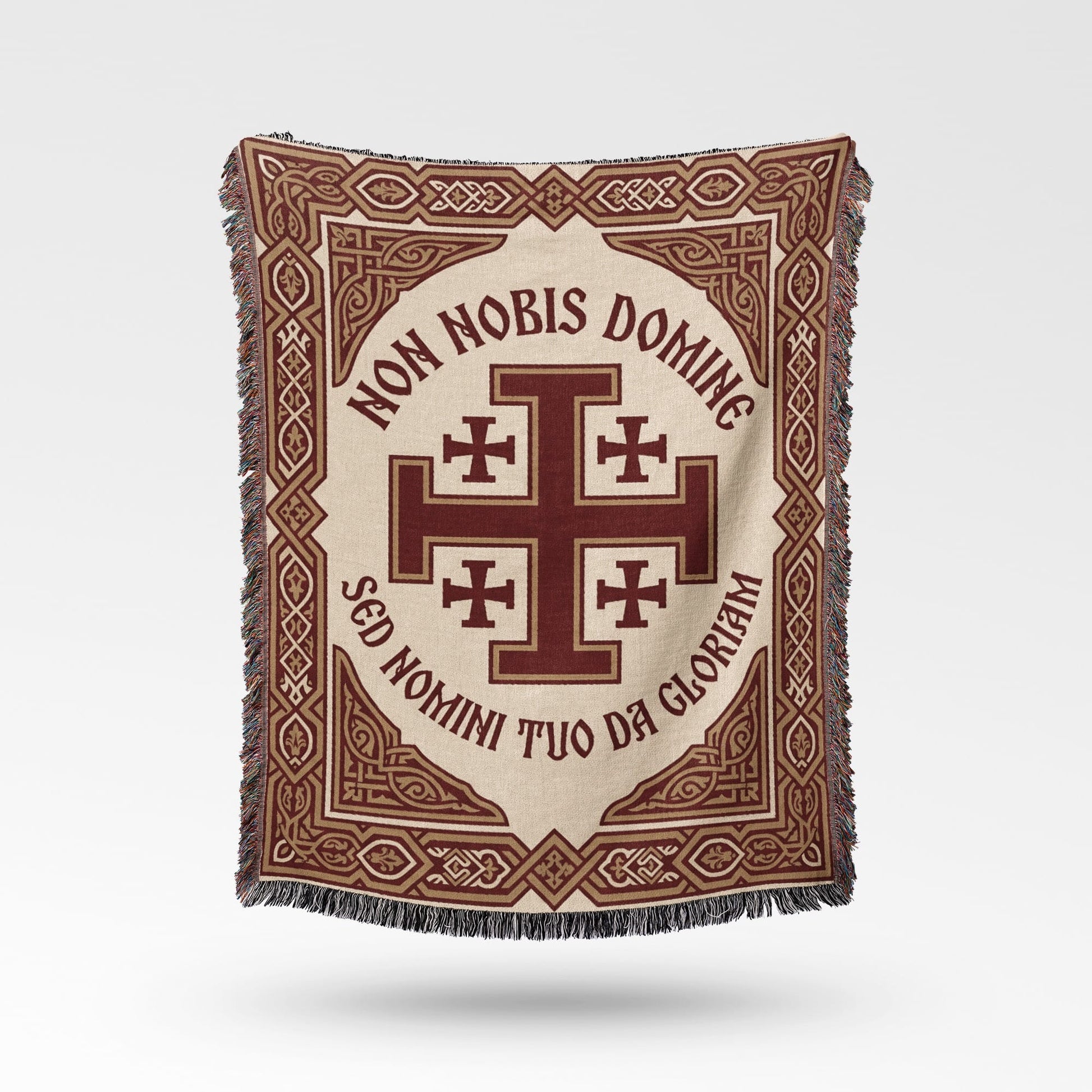 Cream throw blanket with Jerusalem Cross and Latin text "NON NOBIS DOMINE SED NOMINI TUO DA GLORIAM".