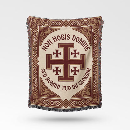 Cream throw blanket with Jerusalem Cross and Latin text "NON NOBIS DOMINE SED NOMINI TUO DA GLORIAM".