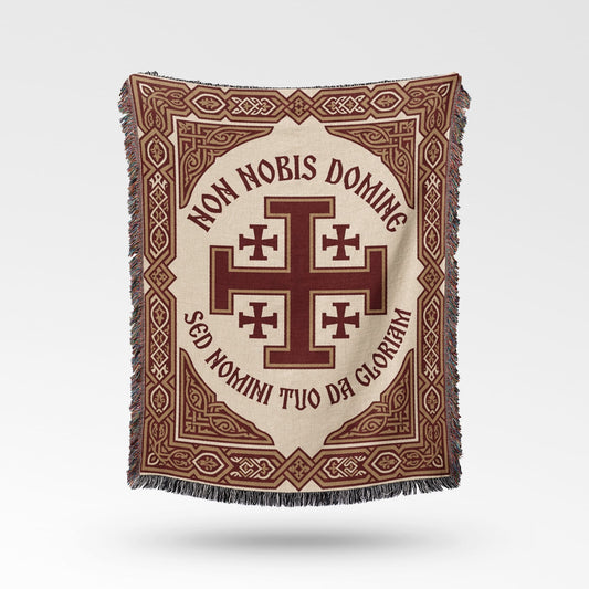 Cream throw blanket with Jerusalem Cross and Latin text "NON NOBIS DOMINE SED NOMINI TUO DA GLORIAM".