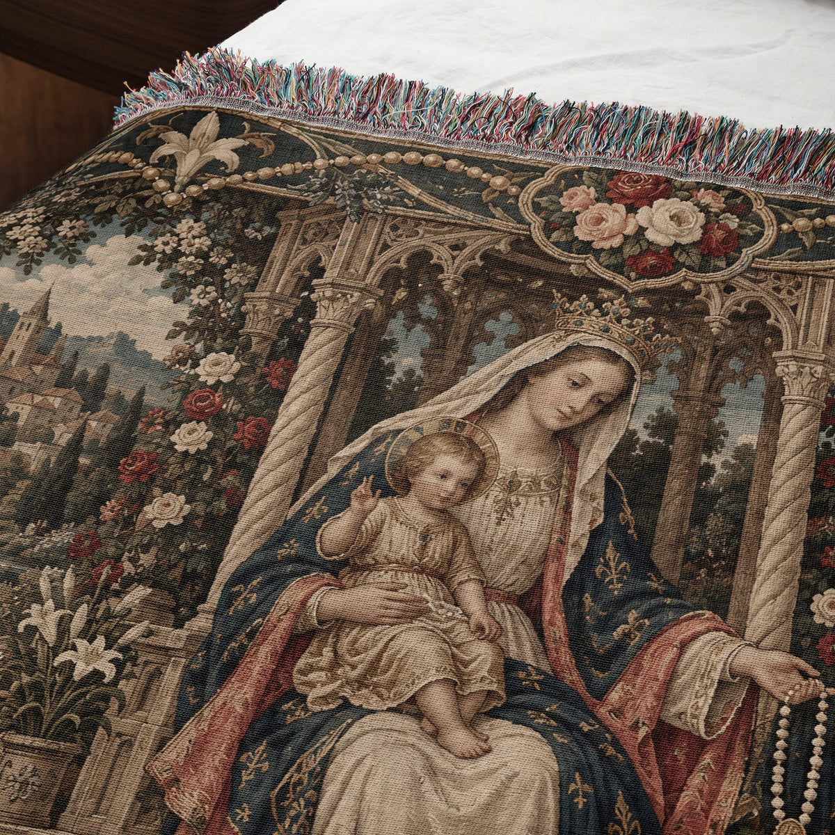 CalmNestStyle Our Lady of the Rosary jacquard woven blanket