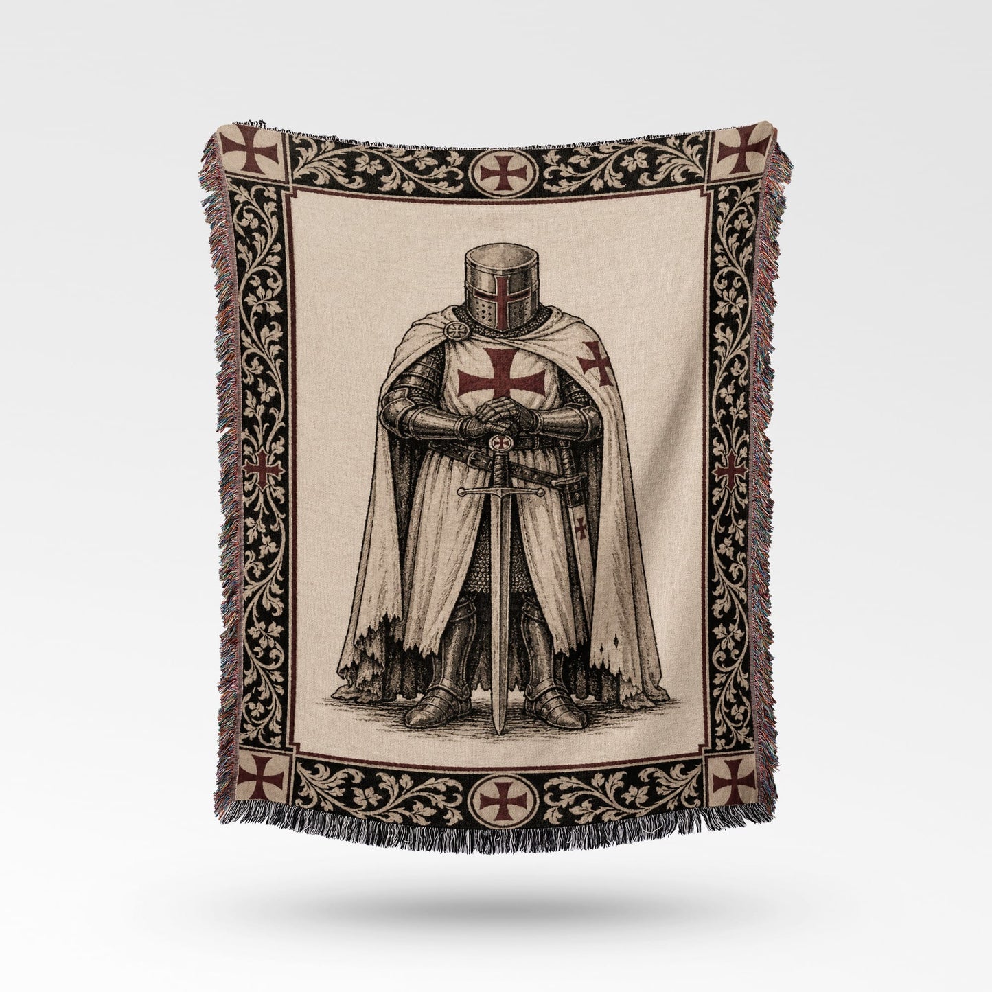Knights Templar illustration on a tapestry throw blanket with fringe.