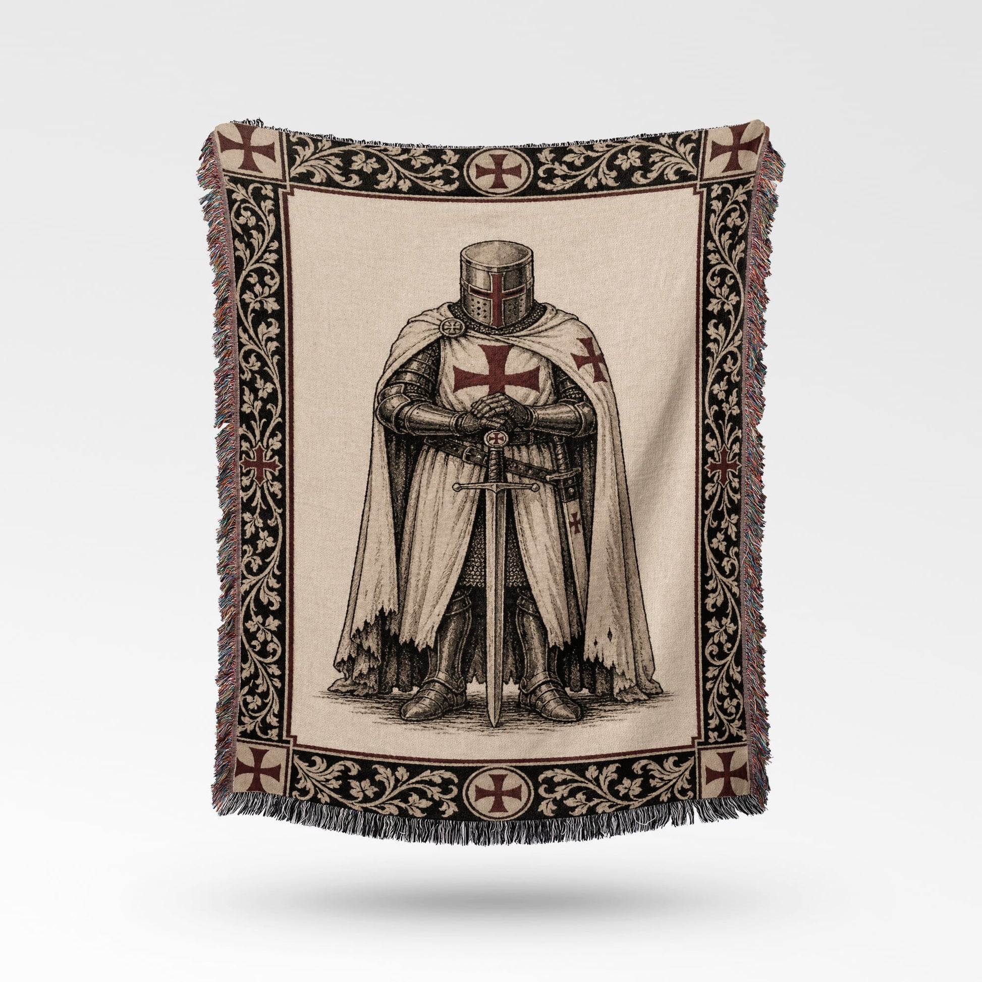 Knights Templar illustration on a tapestry throw blanket with fringe.
