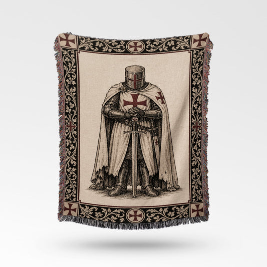 Knights Templar illustration on a tapestry throw blanket with fringe.