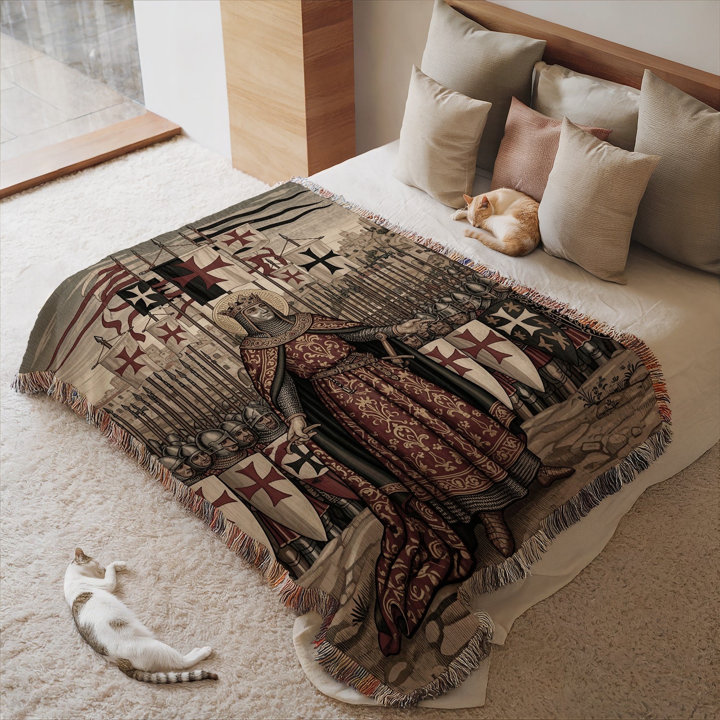 Templar Knight Lady with Cats on Bed Decor Blanket