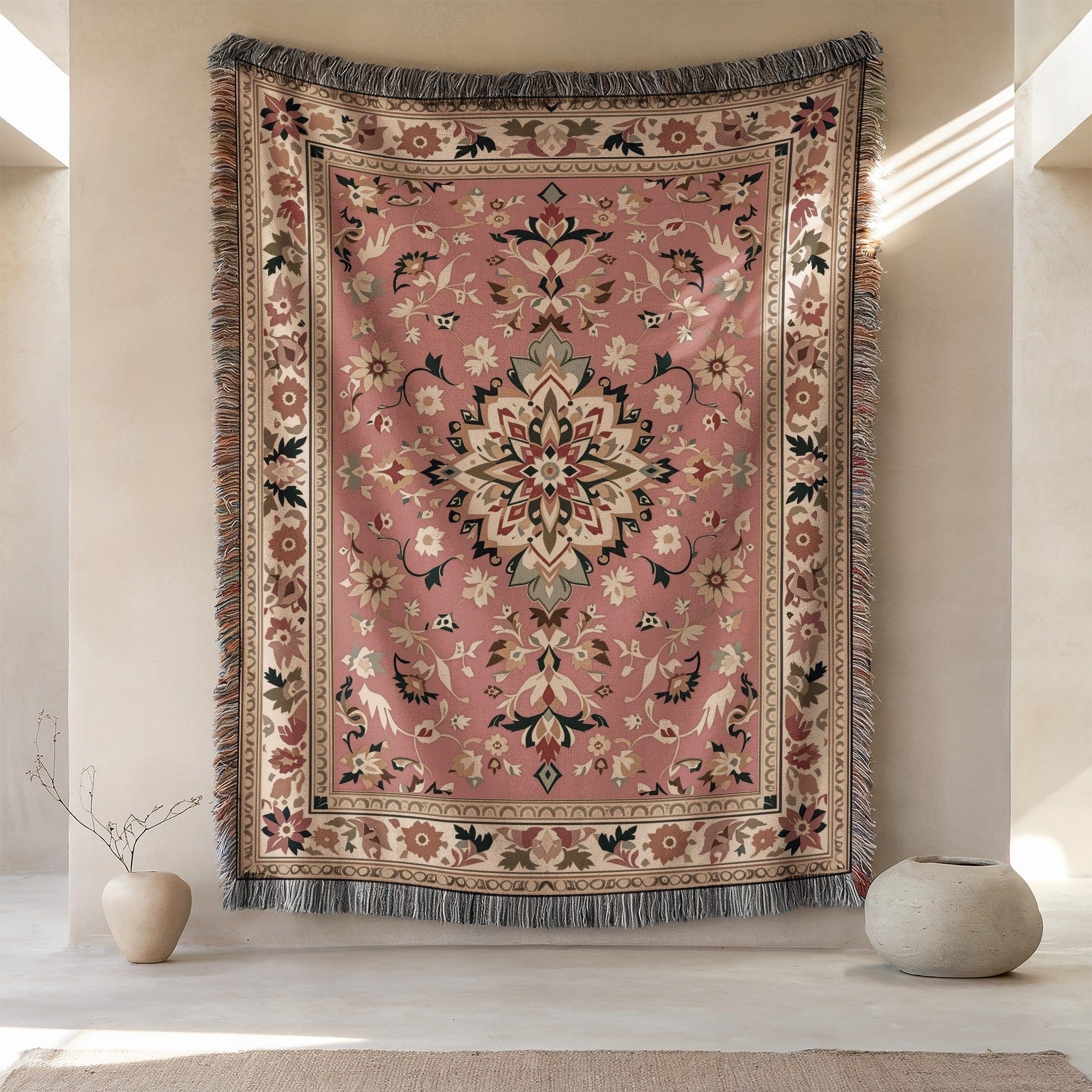 Ornate Pink and Beige Floral Abstract Tapestry