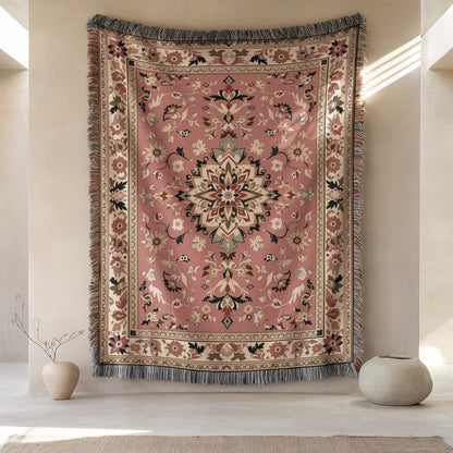 Ornate Pink and Beige Floral Abstract Tapestry