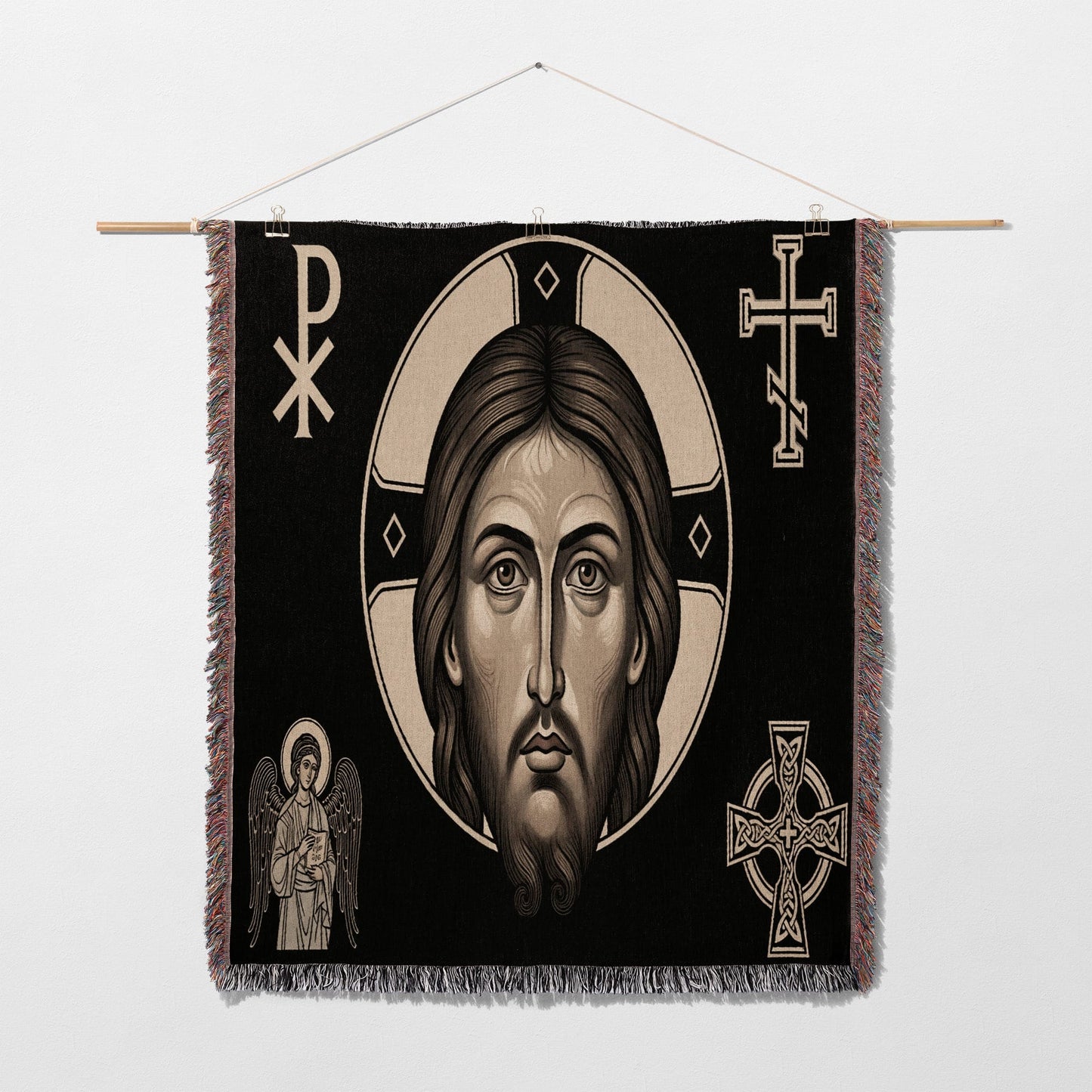 Tapestry featuring Jesus Christ's face with Celtic cross and angel motifs.