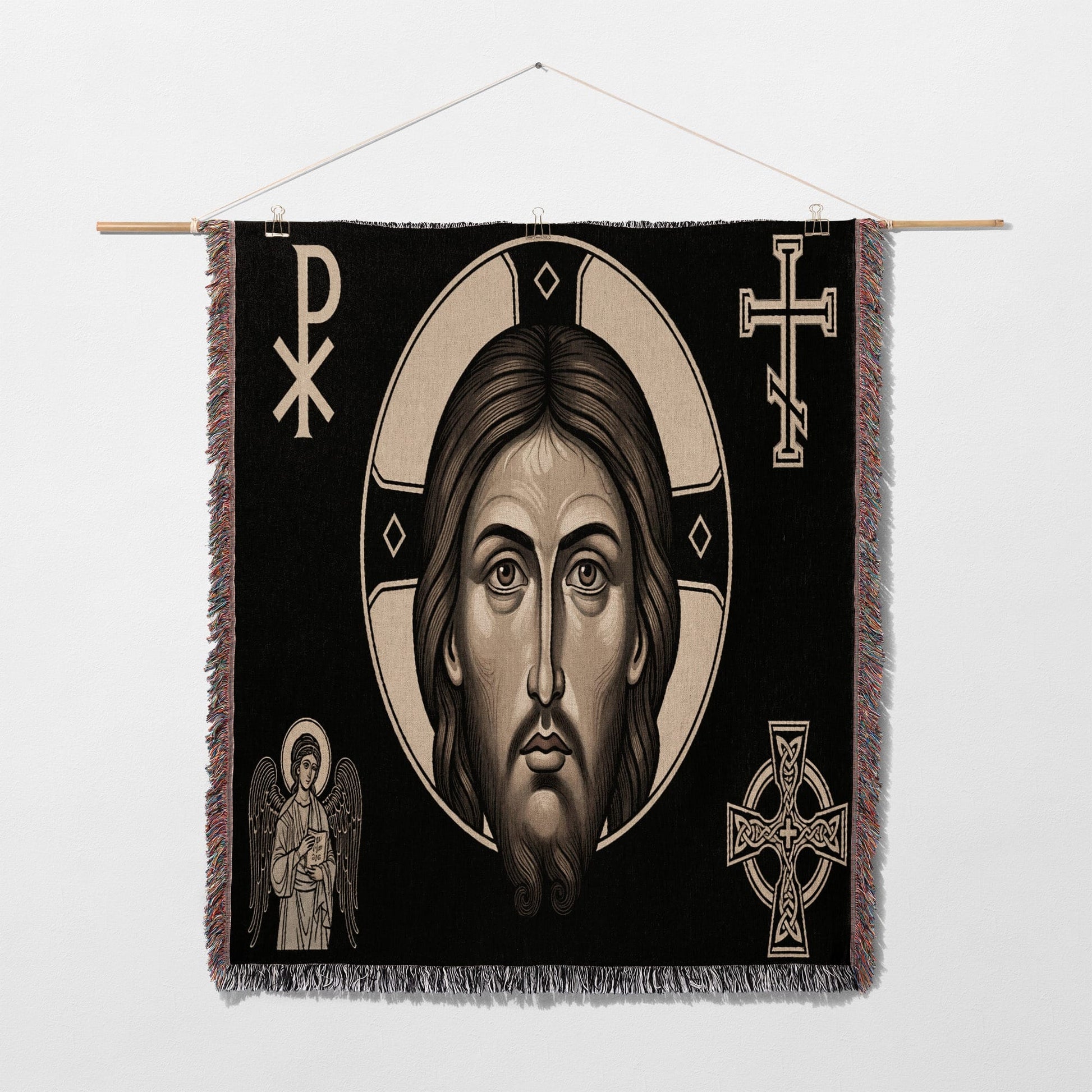 Tapestry featuring Jesus Christ's face with Celtic cross and angel motifs.