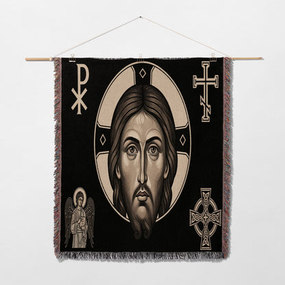 Tapestry featuring Jesus Christ's face with Celtic cross and angel motifs.