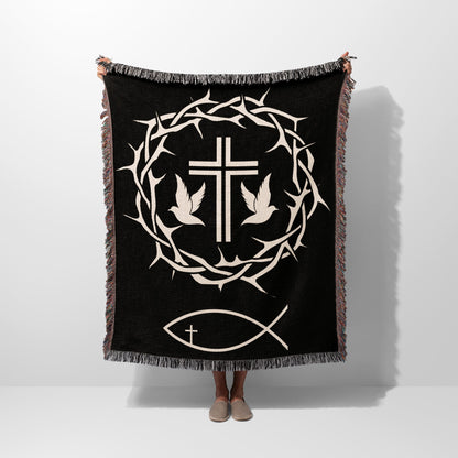 Black blanket with crown of thorns, dove, and fish symbols.