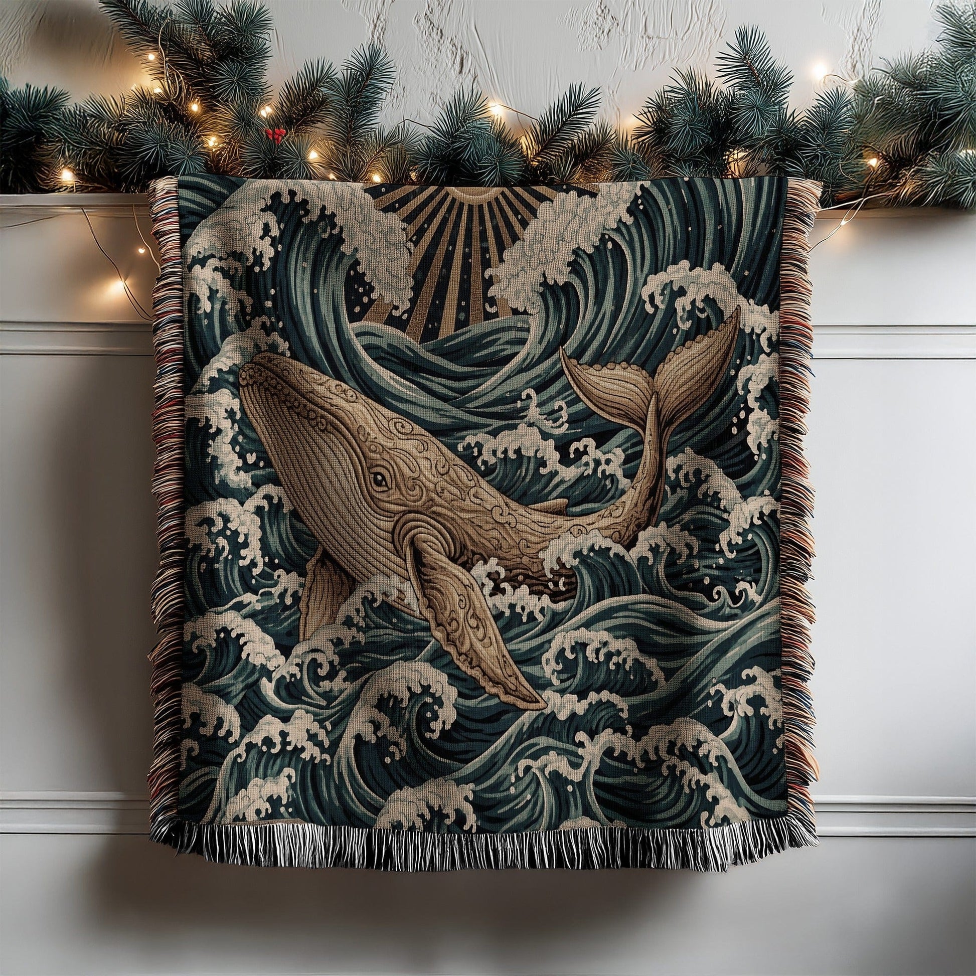 Intricate Ocean Waves Whale Design Textile Art