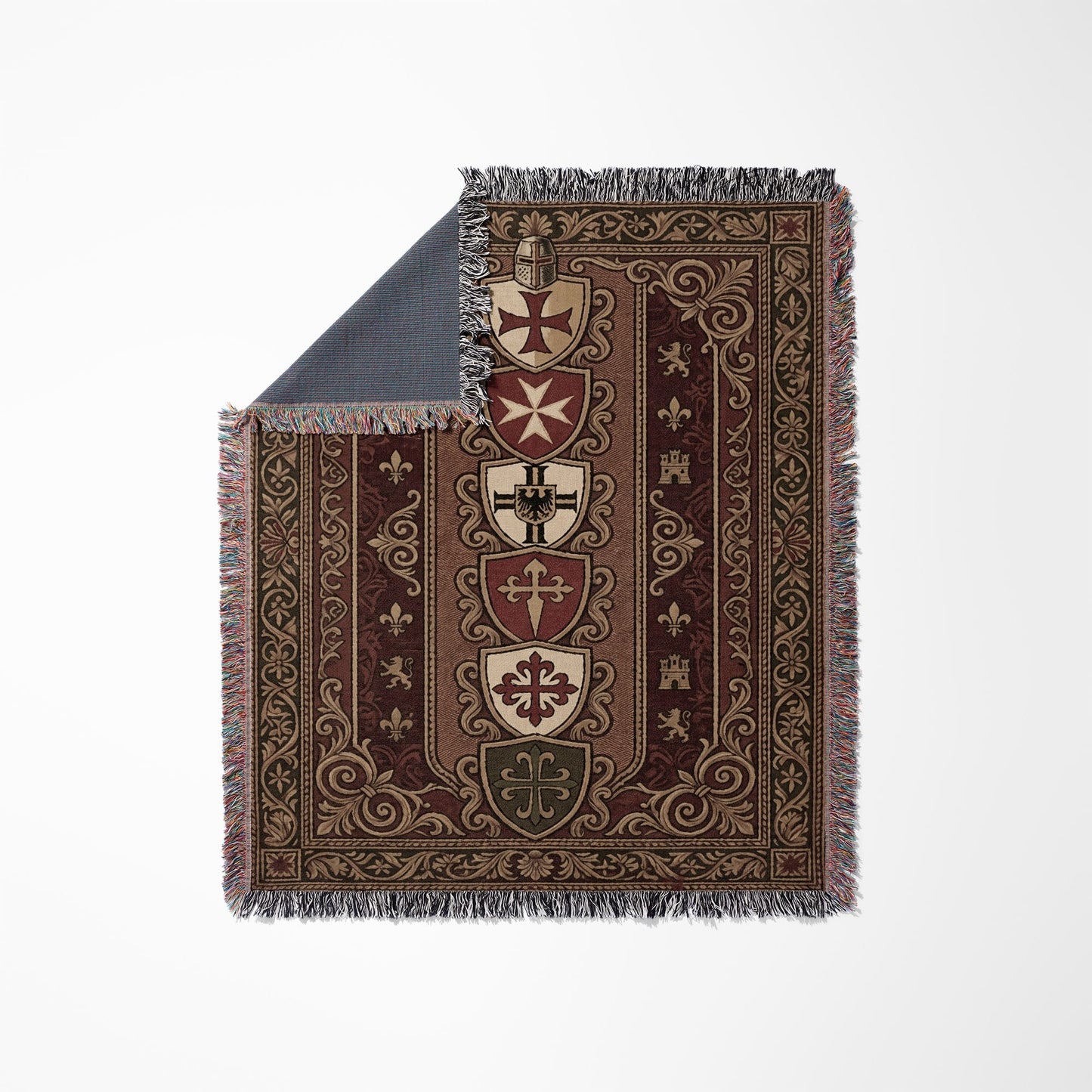 Tapestry throw blanket featuring a medieval crest design with shields and ornate border.
