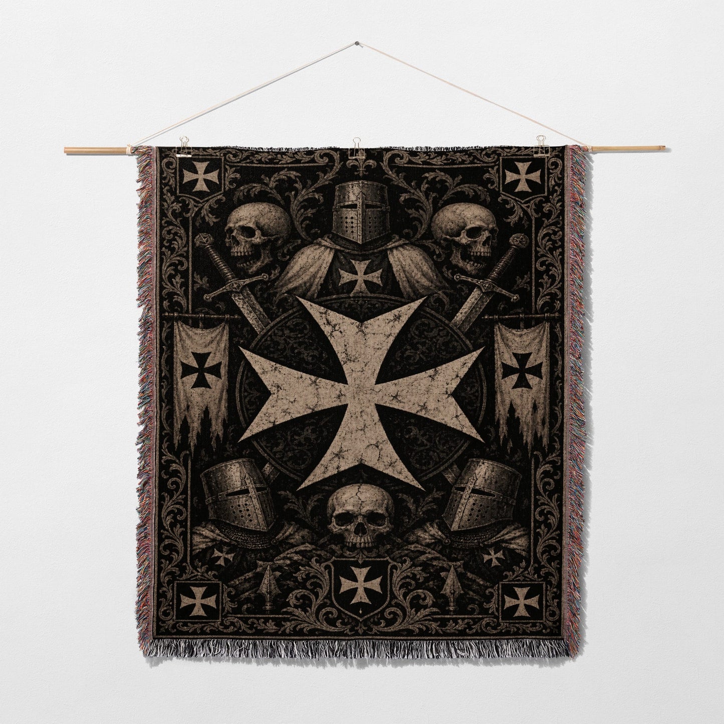 Tapestry with Templar cross, knights, and skulls.