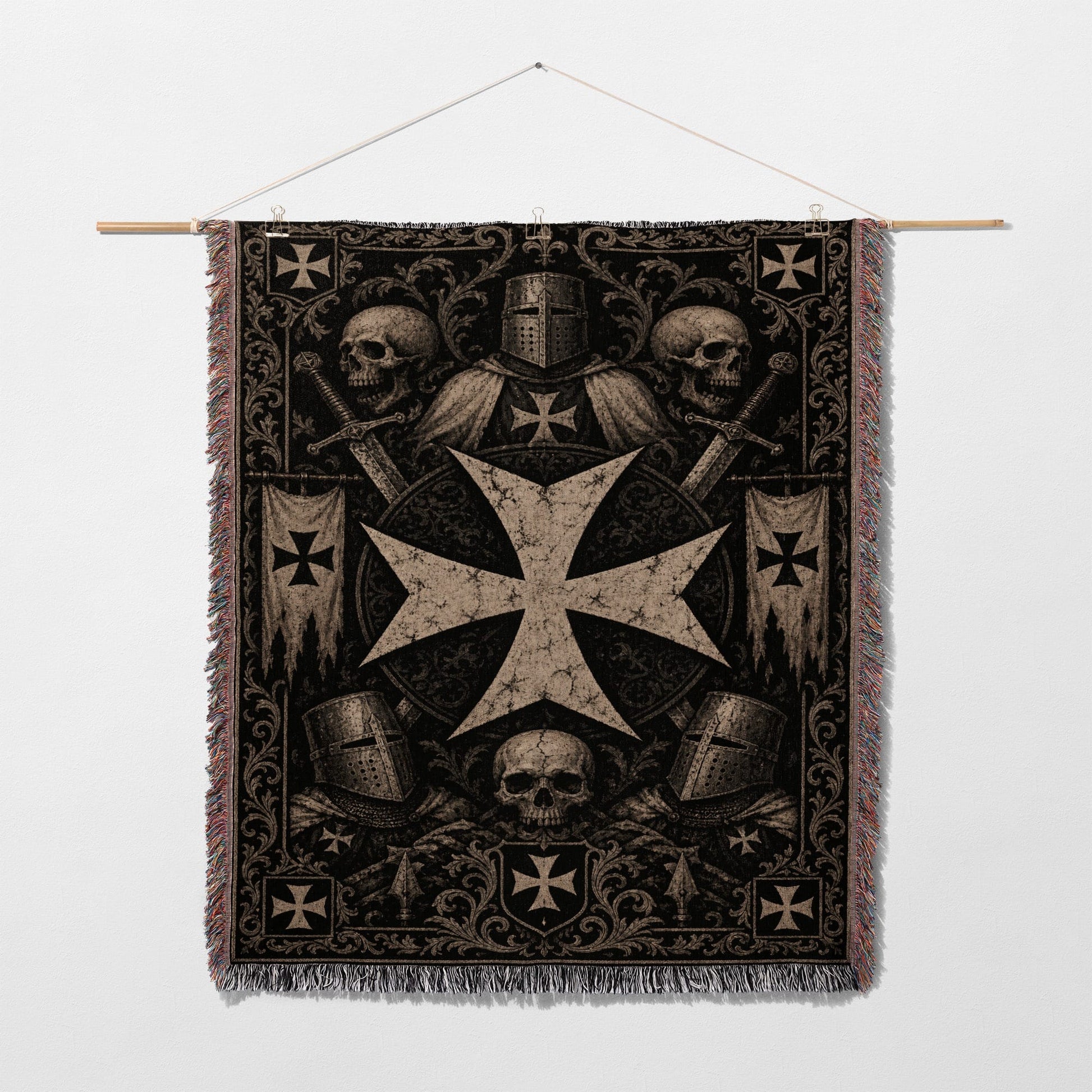 Tapestry with Templar cross, knights, and skulls.