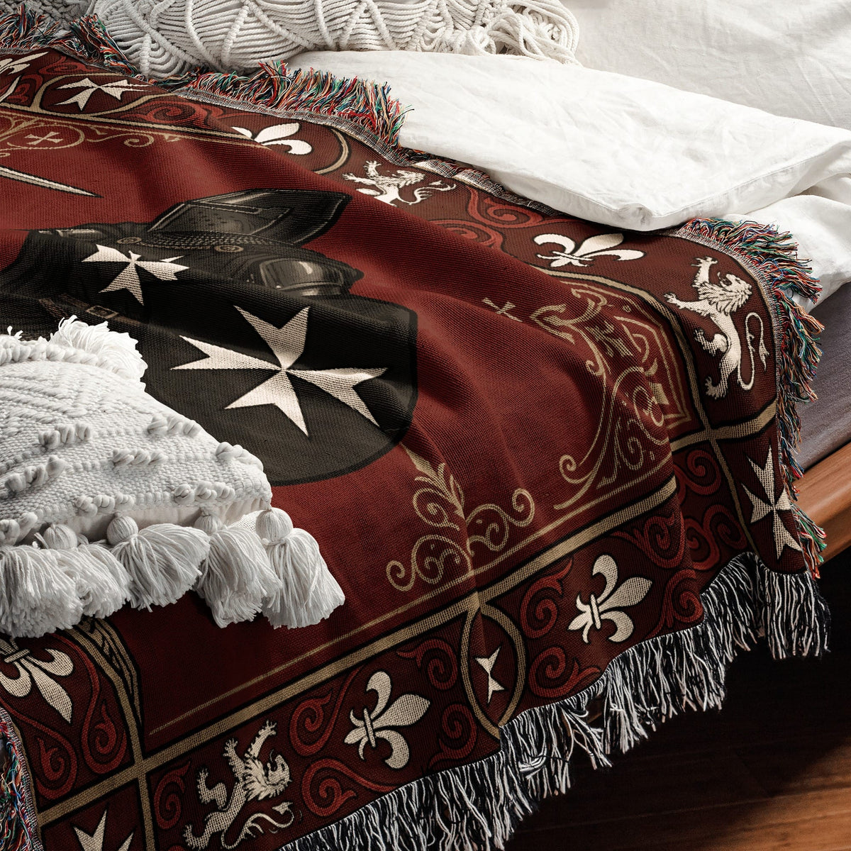 CalmNestStyle Hospitaller Knights Duel Cream Heraldic Border Woven Blanket jacquard woven blanket
