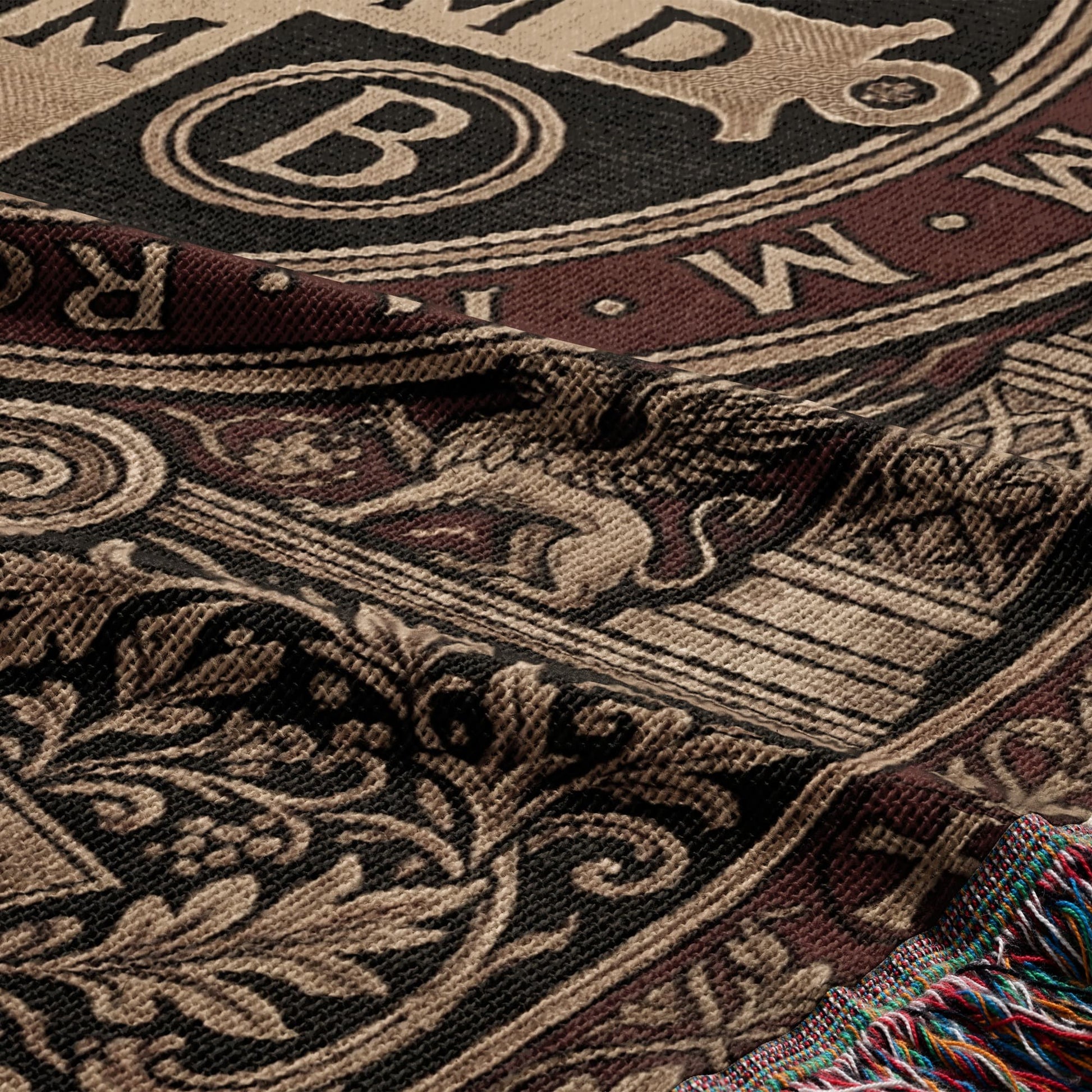 Tapestry blanket with ornate design, featuring a large letter B and a lion motif.