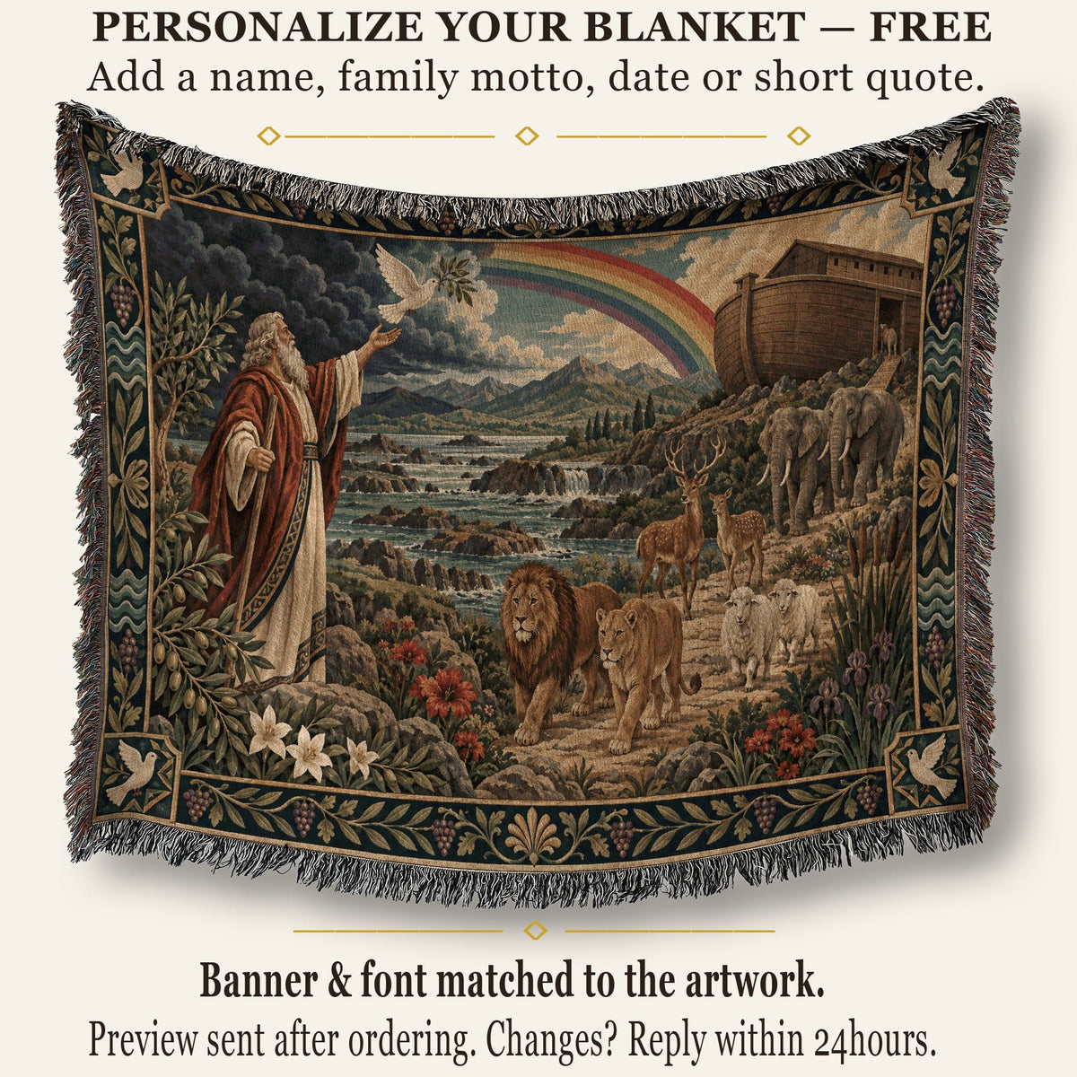 CalmNestStyle Noahs Ark with Rainbow and Dove jacquard woven blanket