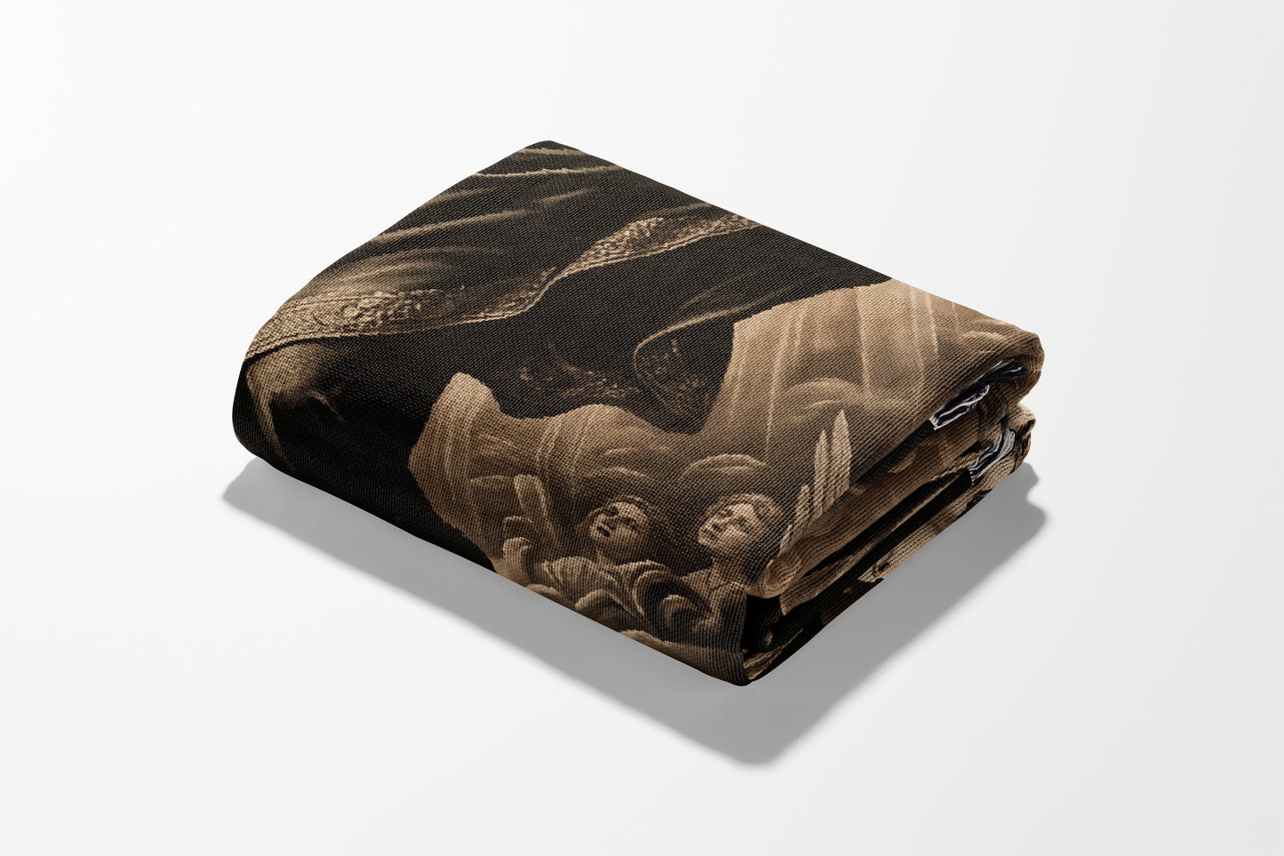Folded tapestry with a dark, classical scene featuring figures and celestial elements.