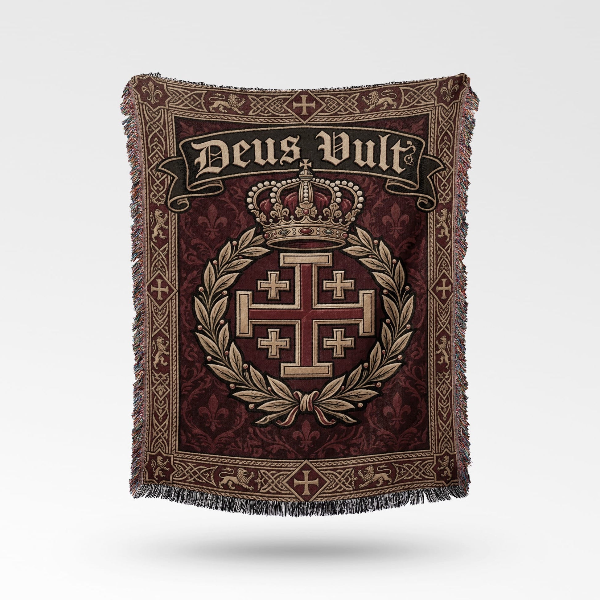 Woven throw blanket with Deus Vult text, crown, and Jerusalem cross emblem.
