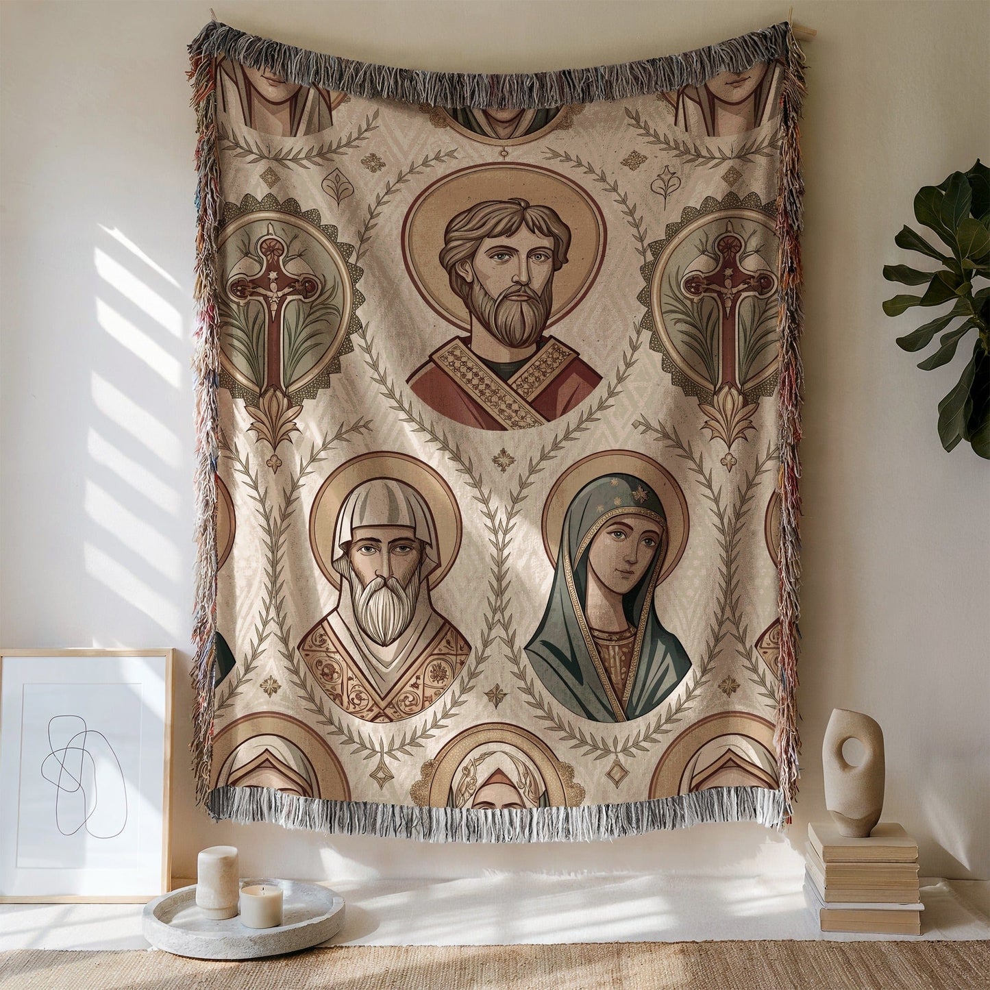 Iconic Religious Saint Portraits Woven Tapestry Blanket