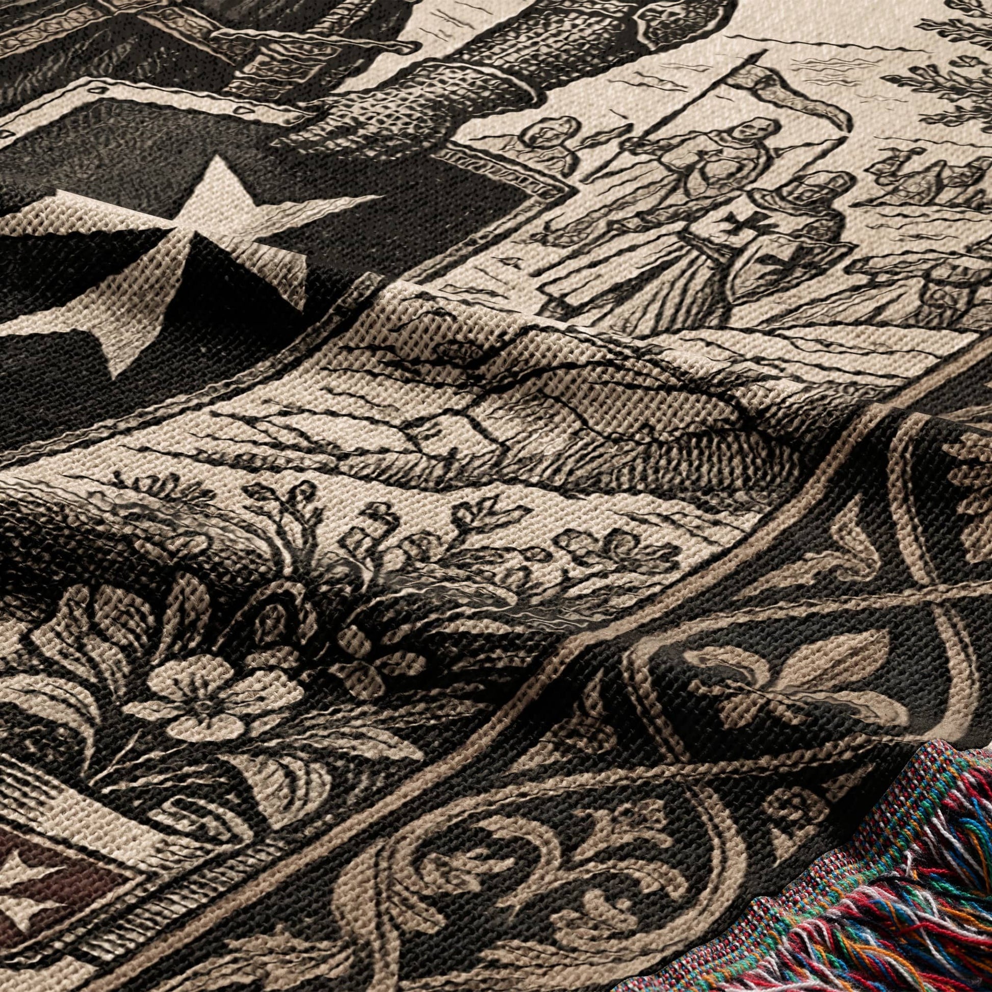 Tapestry with medieval knights, stars, fleur-de-lis, and floral patterns.