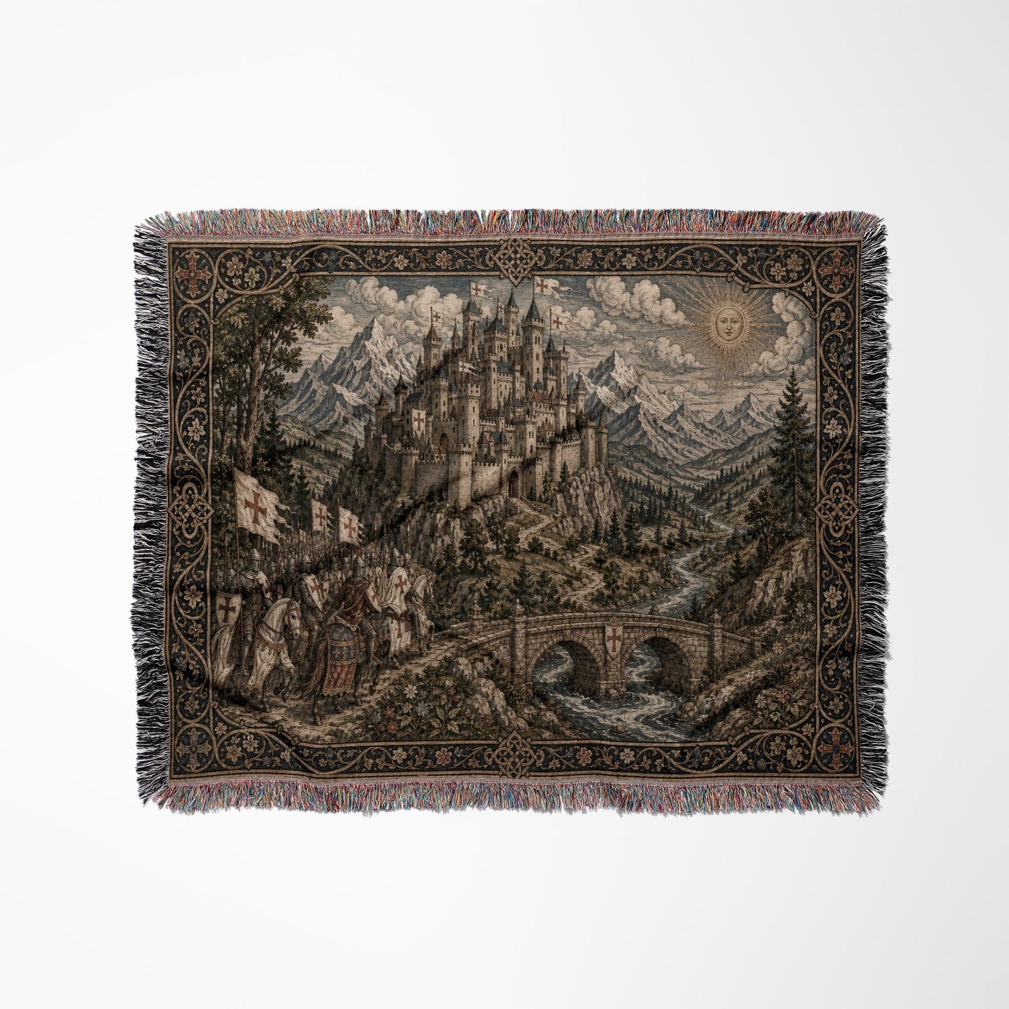 MyDesigns Castle Tapestry Blanket – Medieval Mountain Castle Woven Throw, Templar Banners jacquard woven blanket