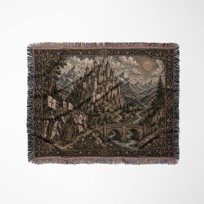 MyDesigns Castle Tapestry Blanket – Medieval Mountain Castle Woven Throw, Templar Banners jacquard woven blanket