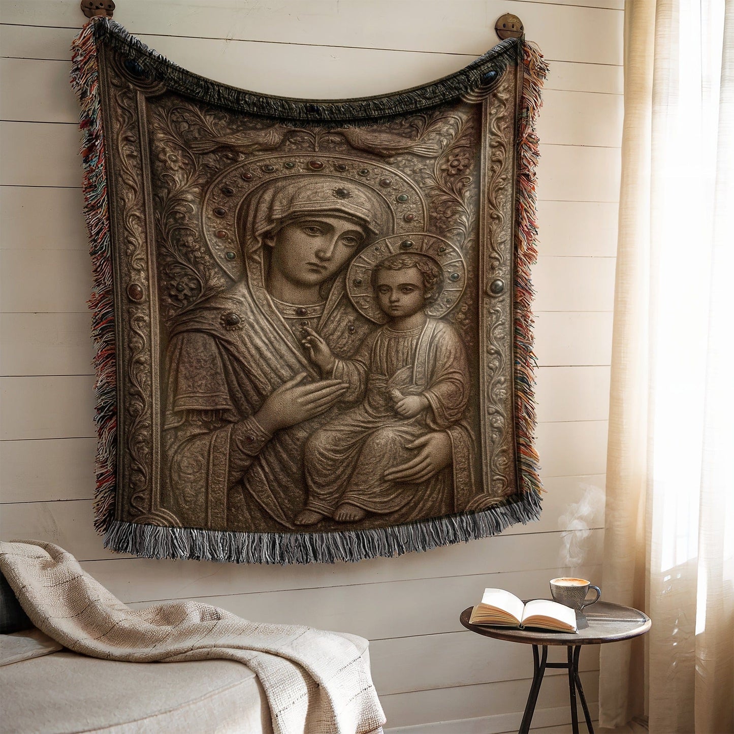 Detailed Tapestry of Madonna and Child Wall Hanging