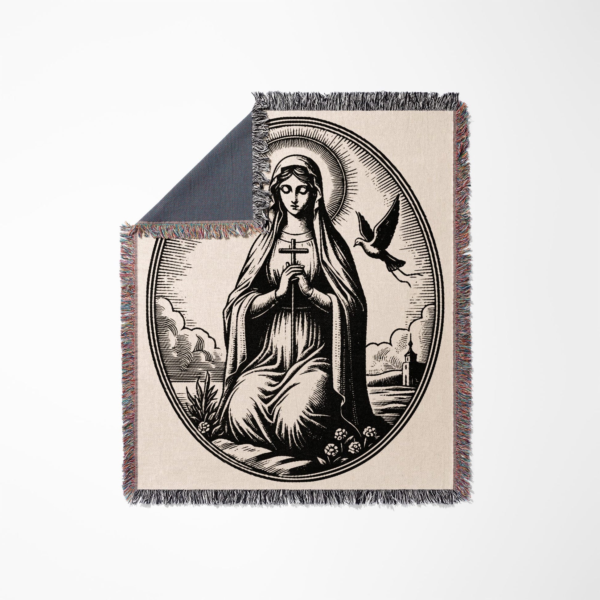 Virgin Mary kneeling with cross, halo, and dove, framed by clouds.
