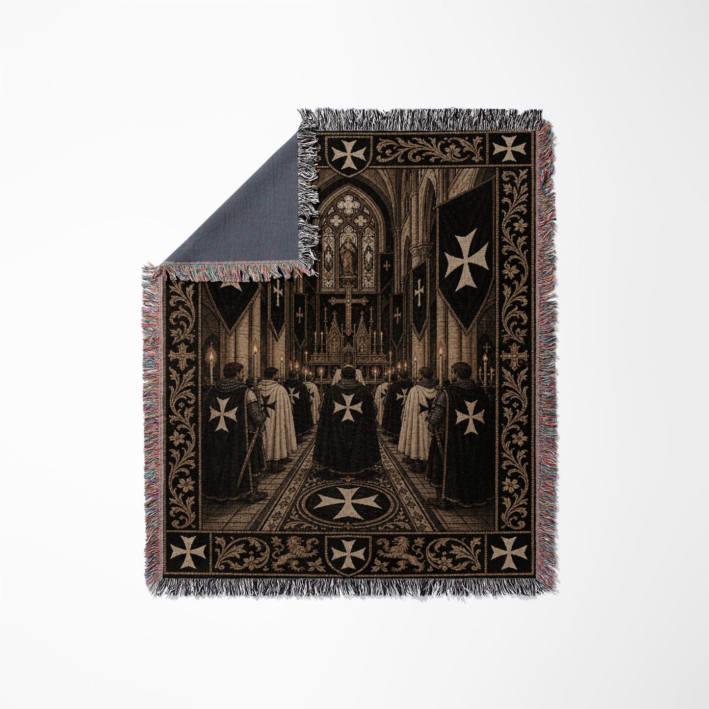 Knights Templar procession in a cathedral, depicted on a woven blanket.