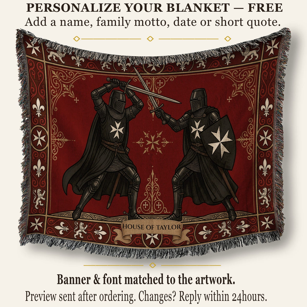 CalmNestStyle Hospitaller Knights Duel Cream Heraldic Border Woven Blanket jacquard woven blanket