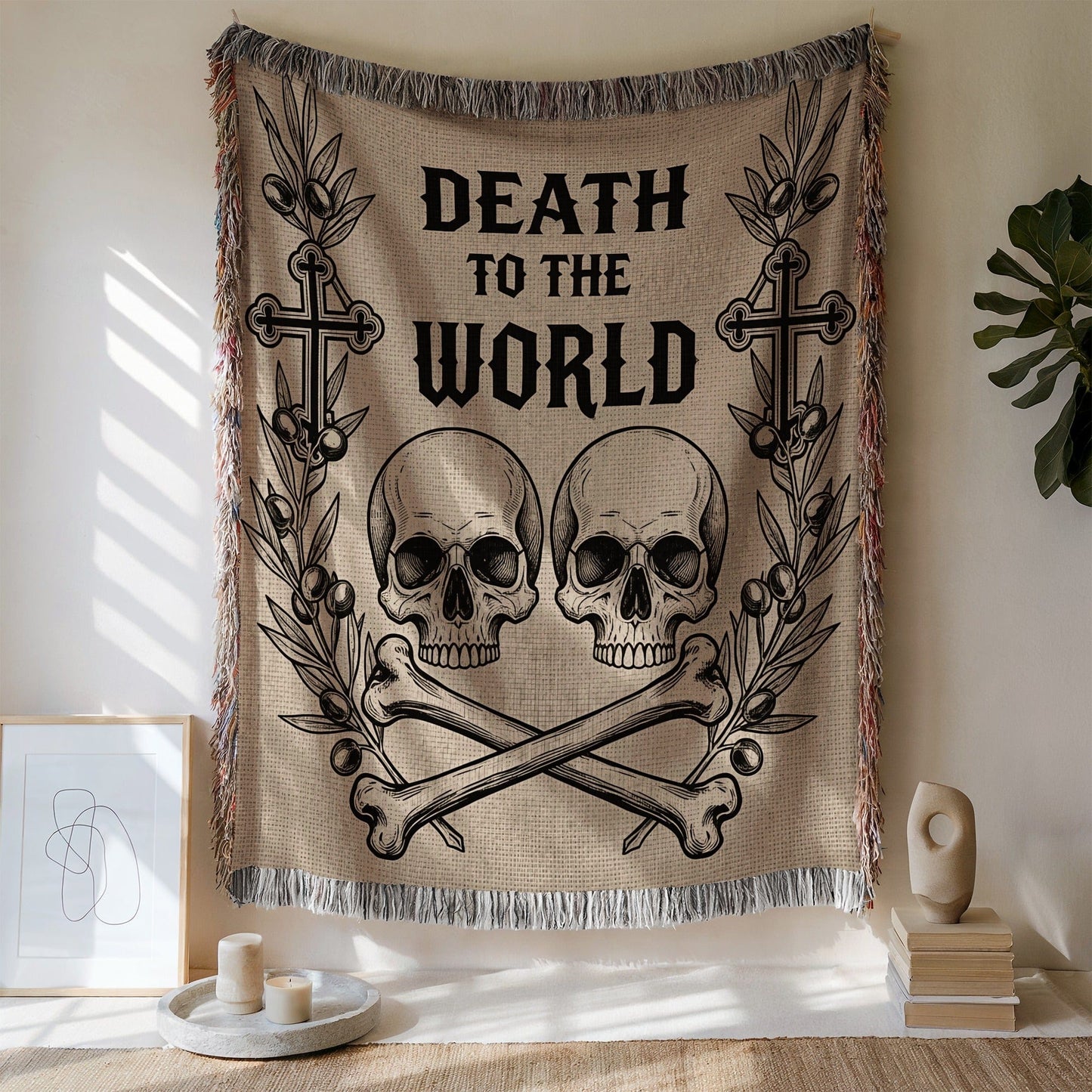 Death To The World Skull Crossbone Tapestry Wall Decor