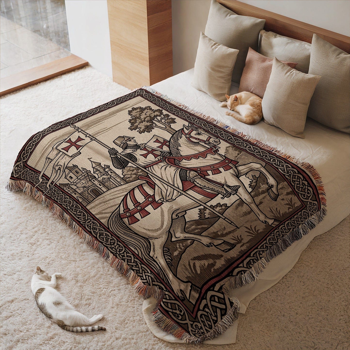 Medieval Knight Tapestry Blanket with Red Accents