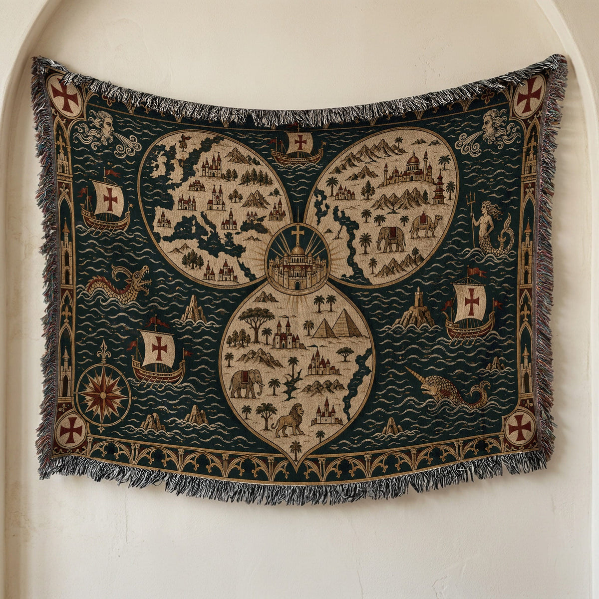 CalmNestStyle Mappa Mundi I Ships and Sea Monsters jacquard woven blanket
