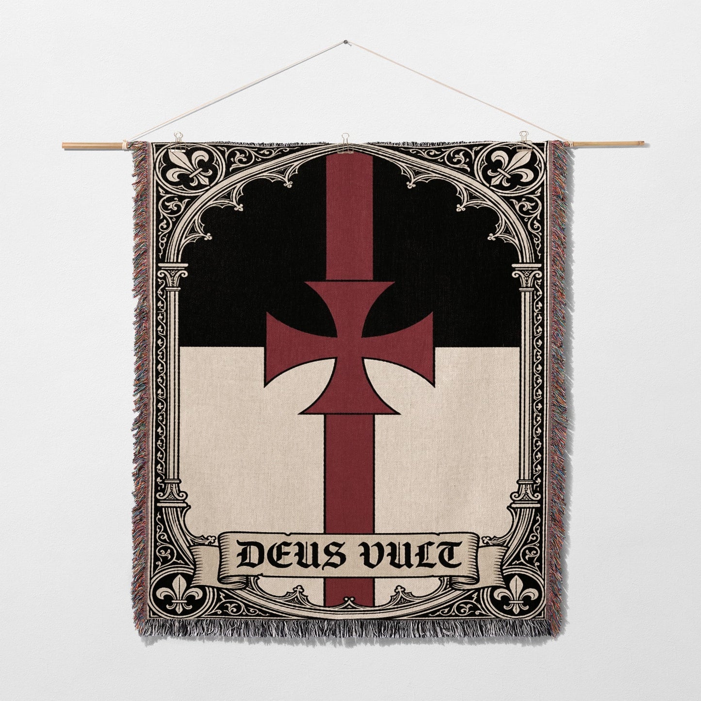 Black and red Templar cross banner with "DEUS VULT" text on a white background.