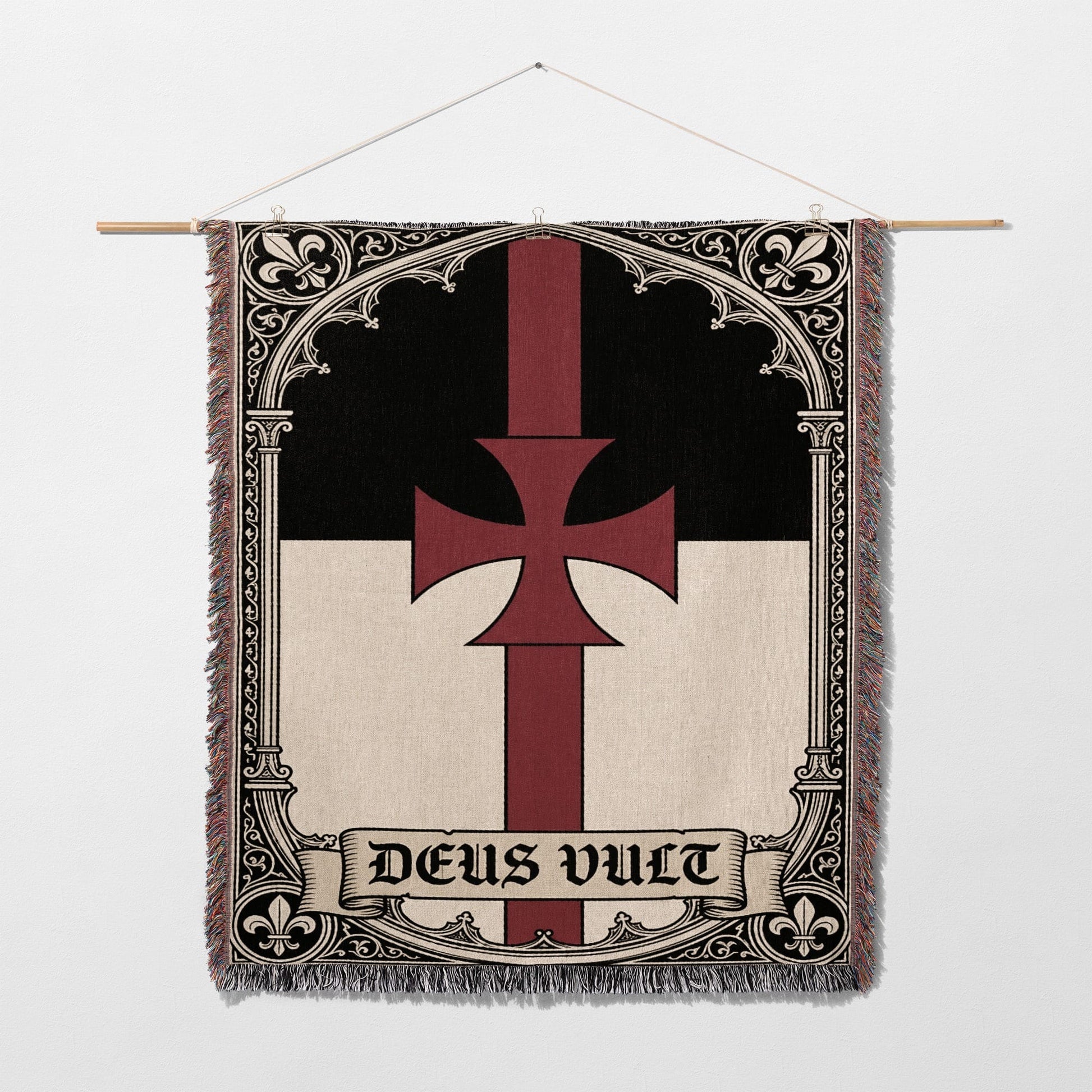 Black and red Templar cross banner with "DEUS VULT" text on a white background.