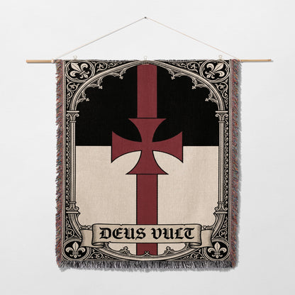 Black and red Templar cross banner with "DEUS VULT" text on a white background.