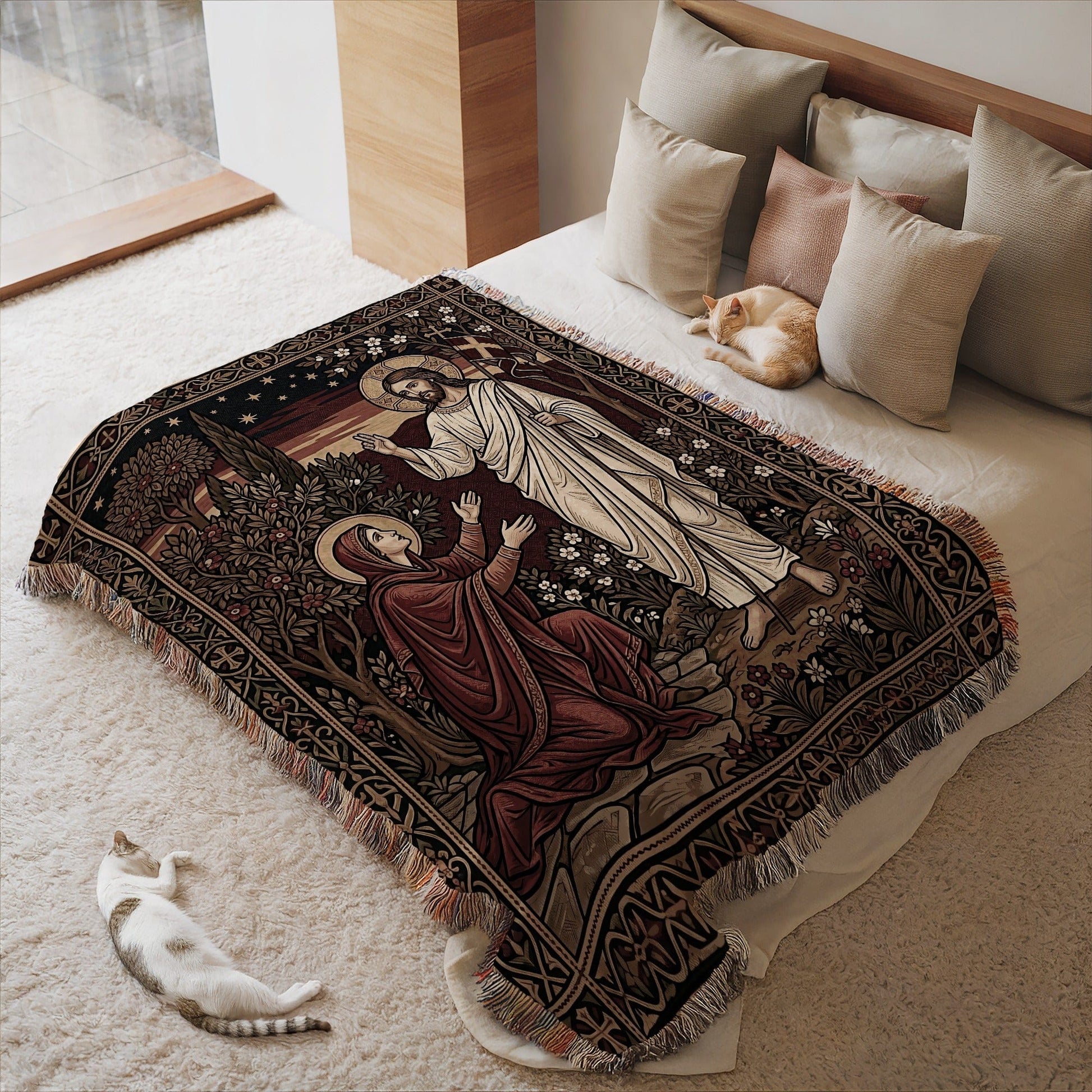 Religious Scene Tapestry Bedspread with Fringe Edges
