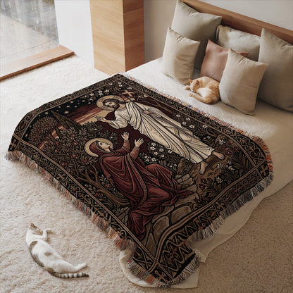 Religious Scene Tapestry Bedspread with Fringe Edges